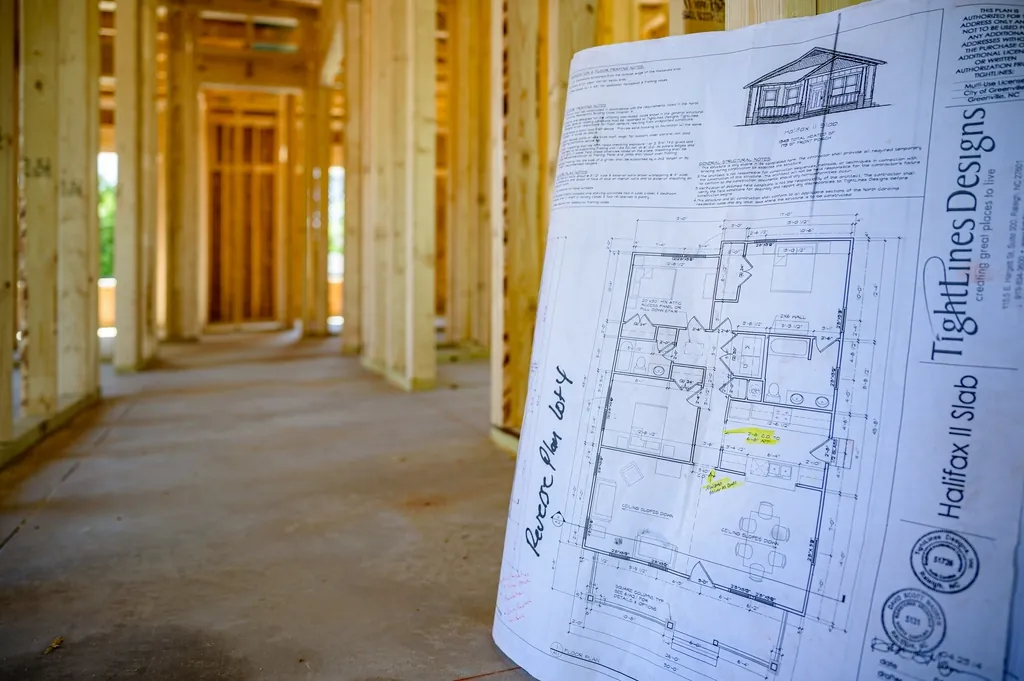 Framed rooms with house plans held up in the foreground